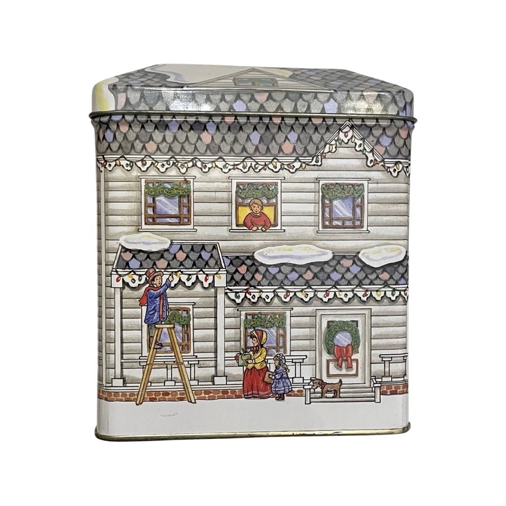Mr. Tall Xmas Cottage Tin Box, Tin Box Company of America, Christmas Tin